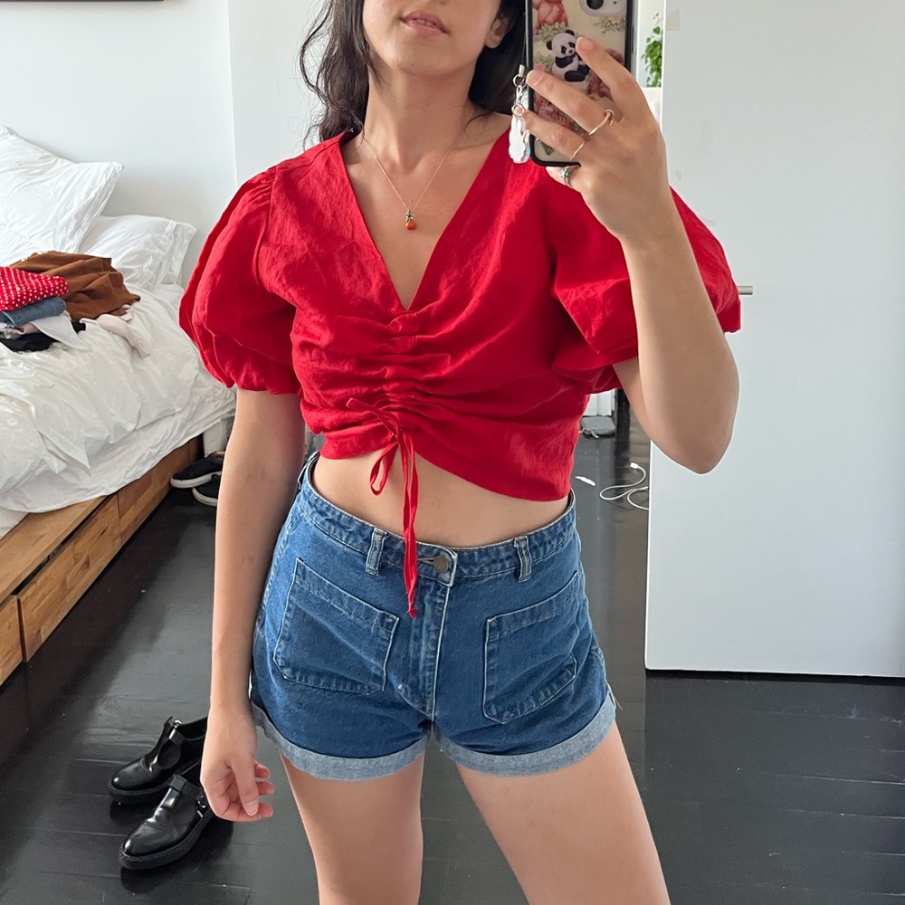 Pixie Market Red drawstring puff sleeve crop top in red linen